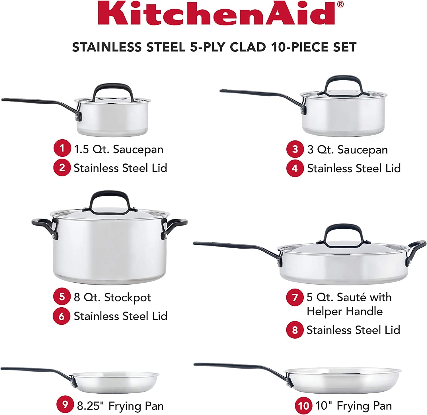 5-Ply Clad Stainless Steel Cookware Pots and Pans Set, 10 Piece, Polished Stainless