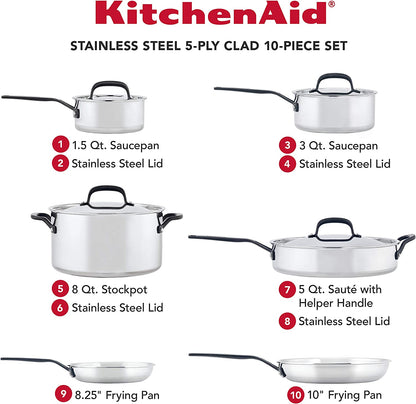 5-Ply Clad Stainless Steel Cookware Pots and Pans Set, 10 Piece, Polished Stainless