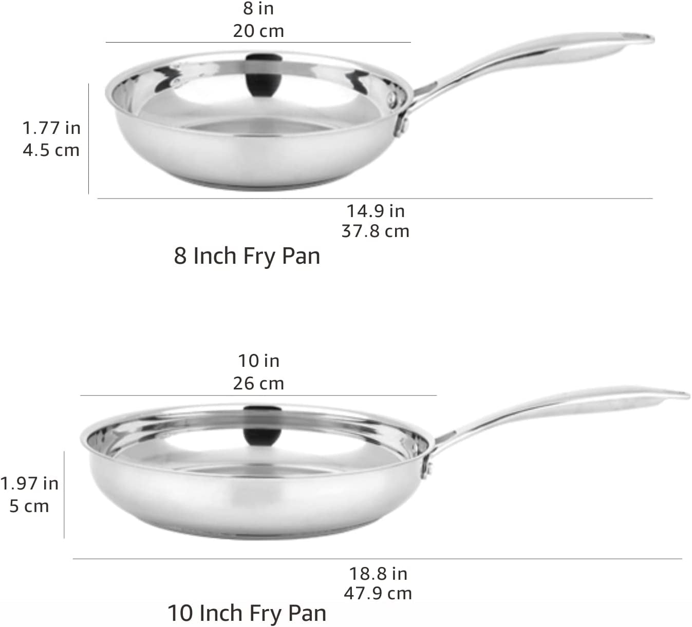 2-Piece Oven Safe, Riveted Handle Frying Pan - Silver, 8-Inch & 10-Inch