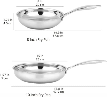 2-Piece Oven Safe, Riveted Handle Frying Pan - Silver, 8-Inch & 10-Inch