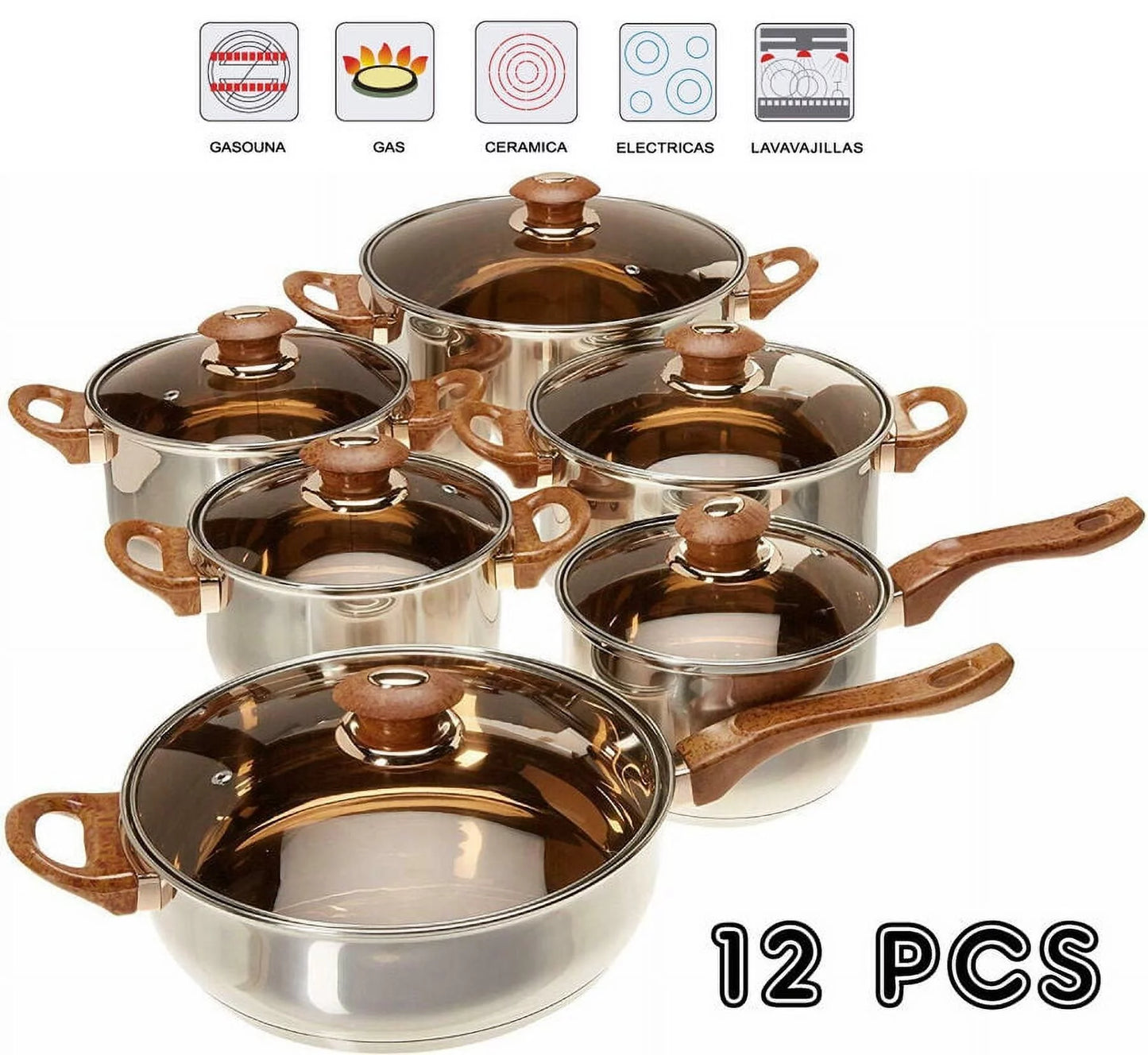 Silver 12 Piece Stainless Steel Cookware Set Pots Frying Pan Set