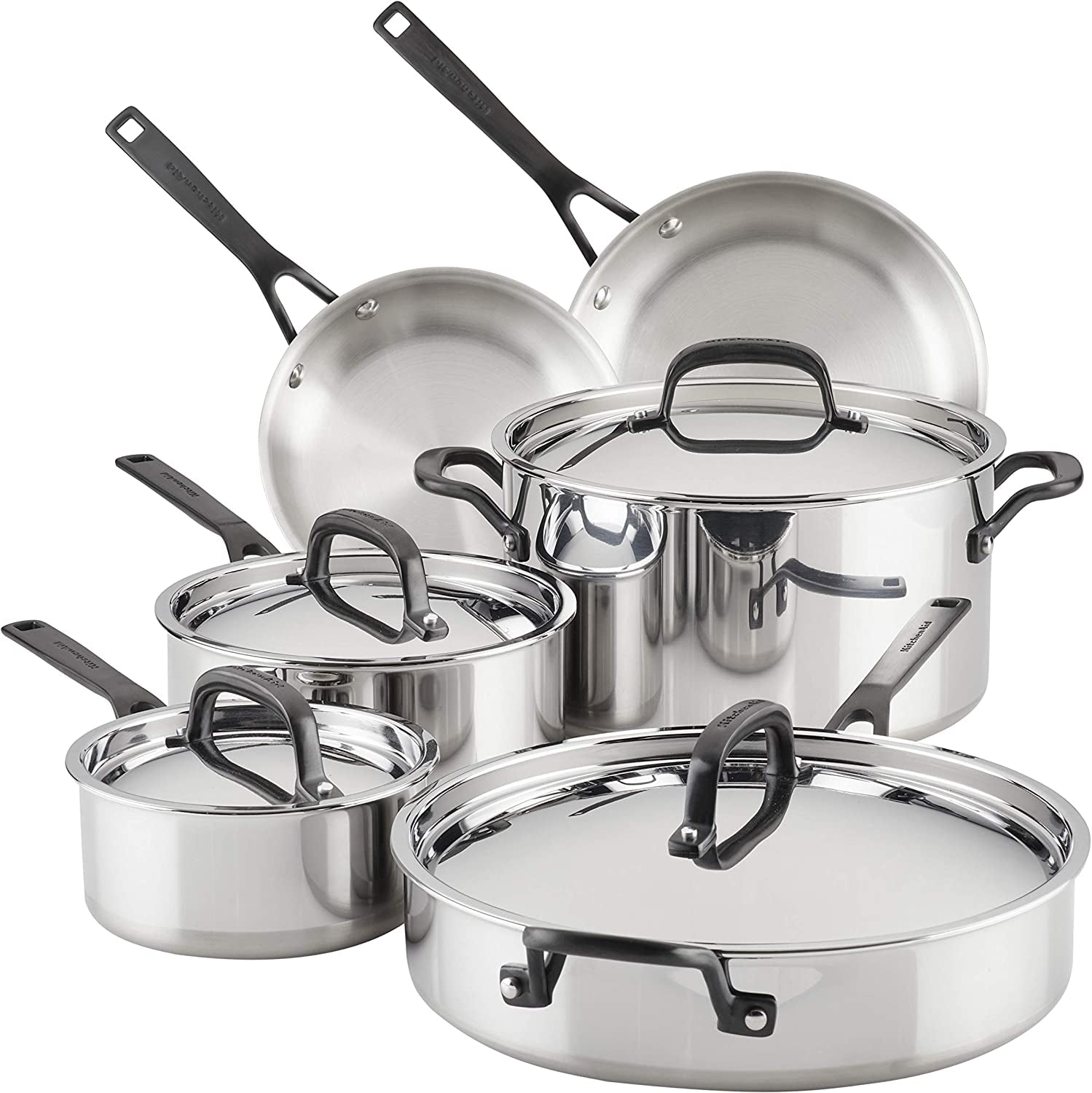 5-Ply Clad Stainless Steel Cookware Pots and Pans Set, 10 Piece, Polished Stainless